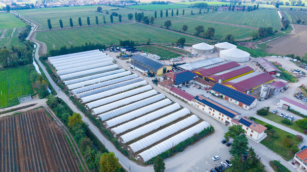Aerial view of a farm complex featuring rows of white plastic greenhouses agricultural buildings with solar panels on the roofs and surrounding cultivated fields in Milan Lombardy Italy. Aerial view of a farm complex featuring rows of white plastic greenhouses agricultural buildings with solar panels on the roofs and surrounding cultivated fields in Milan Lombardy Italy.