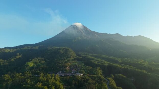 Aerial view of Bunker Kaliadem Merapi and Mount Merapi Indonesia.