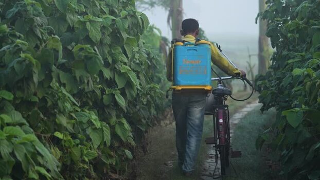 View of a farmer with a sprayer and bicycle in Bogura Bangladesh. View of a farmer with a sprayer and bicycle in Bogura Bangladesh.