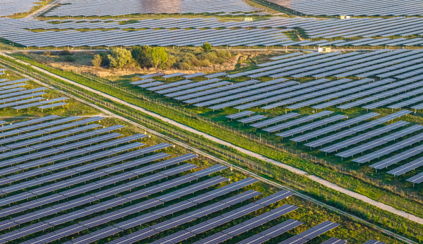 Aerial view of an extensive photovoltaic solar farm with rows of panels separated by service roads and green vegetation Trino Piedmont Italy.