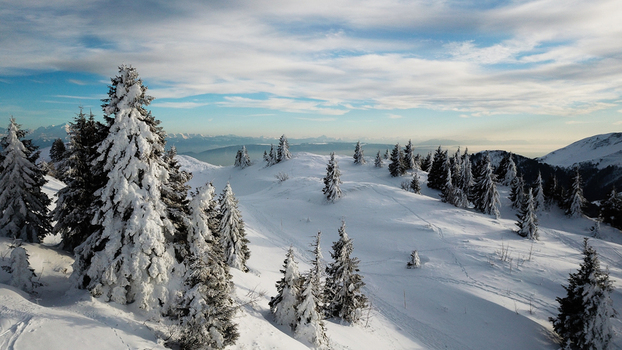 Aerial view of Station Monts Jura site de La Faucille with snow covered pine trees and pristine white slopes under a clear blue sky in Mijoux Auvergne Rhone Alpes France.