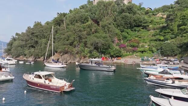 Aerial view of Portofino harbor with boats and lush hills Italy. Aerial view of Portofino harbor with boats and lush hills Italy.