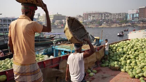 View of workers unloading watermelons at Sadarghat Bangladesh.