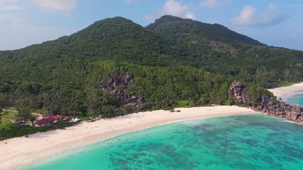 Aerial view of Anse Reunion beach in La Digue Seychelles.