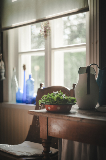 Laane County Estonia 02 June 2024 View of a red polka dot bowl with fresh greens and a white pitcher on a rustic wooden table by a sunlit window with blue glass bottles.