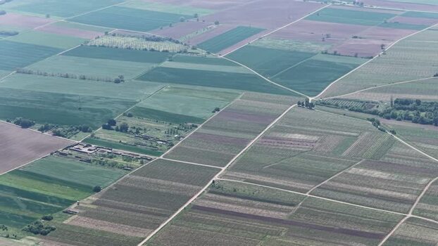 Aerial view of agricultural fields and rural landscape France.