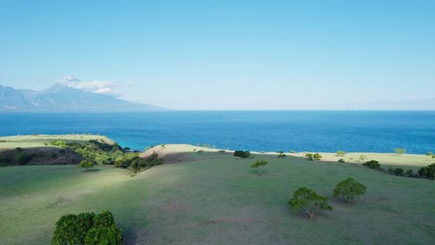 Aerial view of Mausui Savanna and the sea Indonesia.