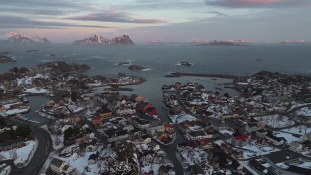 Aerial view of Lofoten islands in winter Norway.