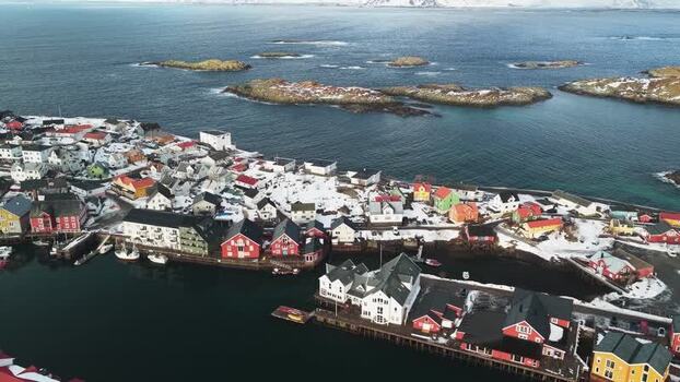 Aerial view of Henningsv&aelig;r Bryggehotell Norway.