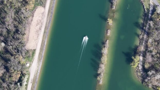 Aerial view of boat sailing on canal France.