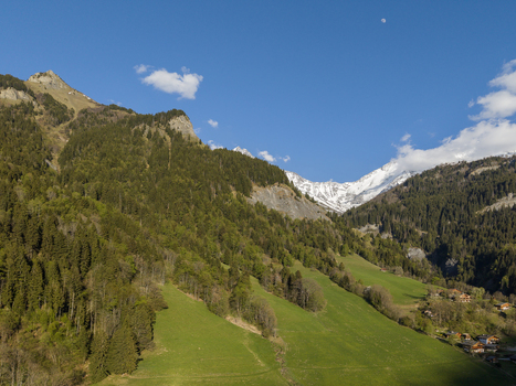 Saint Gervais les Bains France 30 April 2026 Aerial view of lush green mountain slopes and dense pine forests with snow capped peaks under a clear blue sky.