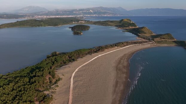 Aerial view of the Narta Lagoon and Zvernec coastline Albania.