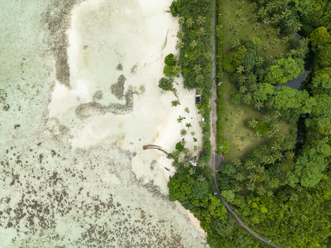 Aerial view of the turquoise waters gently caressing the pristine white sands near a lush green forest Bobby Beach Karimunjawa Central Java Indonesia.