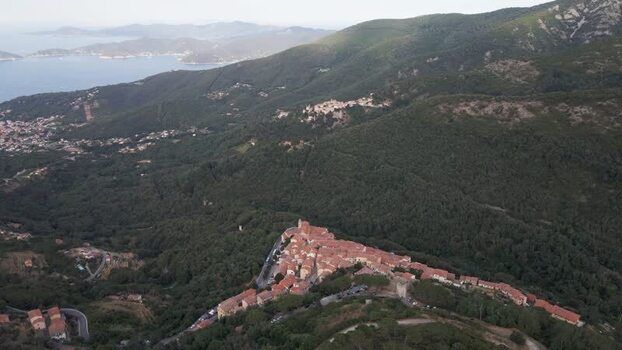 Aerial View of Marciana a small town on the hilltop Elba Island Italy.