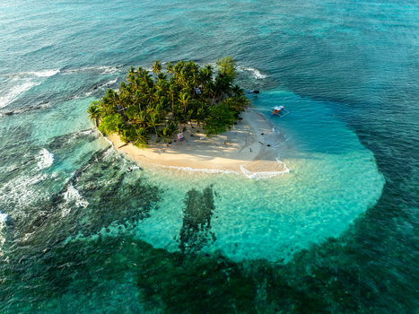 Aerial view of Guyam Island featuring lush palm trees white sand beaches and clear turquoise waters surrounded by coral reefs in General Luna Caraga Philippines. Aerial view of Guyam Island featuring lush palm trees white sand beaches and clear turquoise waters surrounded by coral reefs in General Luna Caraga Philippines.
