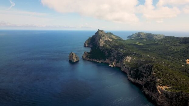 Aerial view of the rugged cliffs of Cap de Formentor Spain.