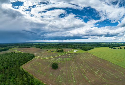 Aerial view of agricultural fields a solitary tree and a small farmhouse surrounded by forests under a dramatic stormy sky in Latvia. Aerial view of agricultural fields a solitary tree and a small farmhouse surrounded by forests under a dramatic stormy sky in Latvia.