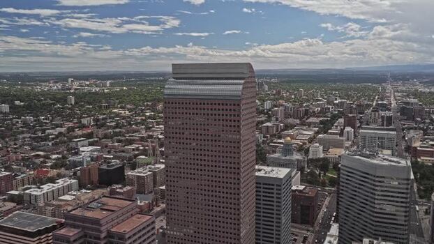Aerial view of downtown Denver skyscrapers United States.