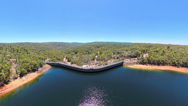 Worsley Australia 05 January 2026 Aerial view of Wellington Dam surrounded by dense eucalyptus forest and the calm waters of the reservoir under a clear blue sky. Worsley Australia 05 January 2026 Aerial view of Wellington Dam surrounded by dense eucalyptus forest and the calm waters of the reservoir under a clear blue sky.