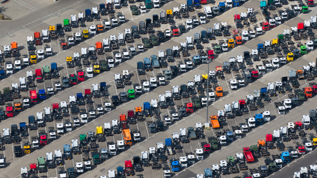 Worth am Rhein Germany 19 September 2026 Aerial view of the Mercedes Benz plant in Worth am Rhein showing rows of parked trucks and commercial vehicles in the factory lot.