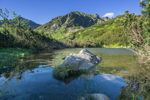 View of Rohacske plesa mountain lake with clear water reflecting the blue sky and rocky peaks surrounded by green slopes Zuberec Zilina Region Slovakia. View of Rohacske plesa mountain lake with clear water reflecting the blue sky and rocky peaks surrounded by green slopes Zuberec Zilina Region Slovakia.