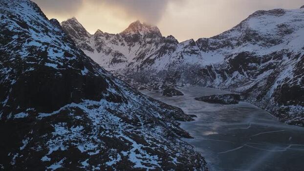 Aerial view of snow covered mountains Norway.