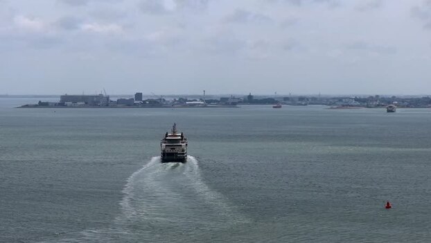 Aerial view of TESO ferry crossing the water in Netherlands.