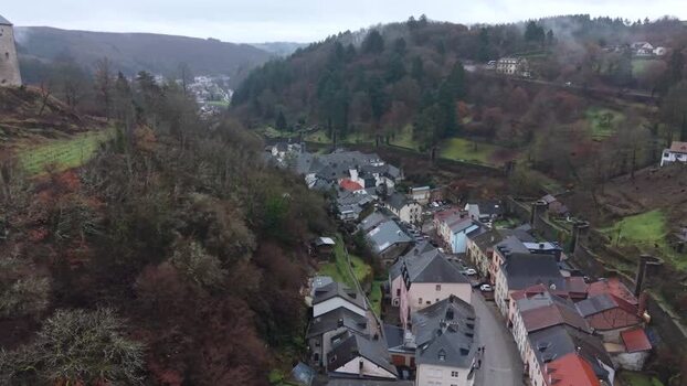 Aerial view of Vianden Castle and town in Vianden Luxembourg.