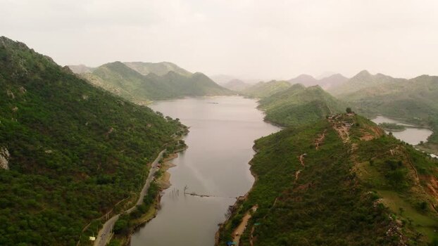 Aerial view of Baahubali Hills and lake in Udaipur India.