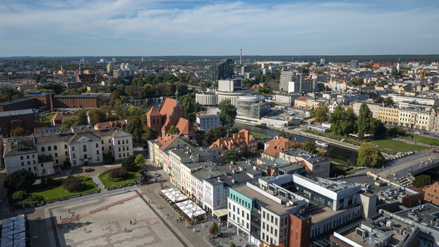 Aerial view of the vibrant cityscape where the Brda River meanders past the Opera Nova and historic buildings a tapestry of old and new Bydgoszcz Województwo kujawsko pomorskie Poland. Aerial view of the vibrant cityscape where the Brda River meanders past the Opera Nova and historic buildings a tapestry of old and new Bydgoszcz Województwo kujawsko pomorskie Poland.