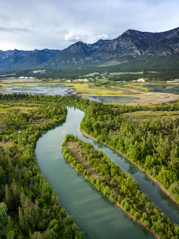 Aerial view of Radium Wetlands Recreation Site with a winding river flowing through lush forests and wetlands against majestic mountains in East Kootenay British Columbia Canada.