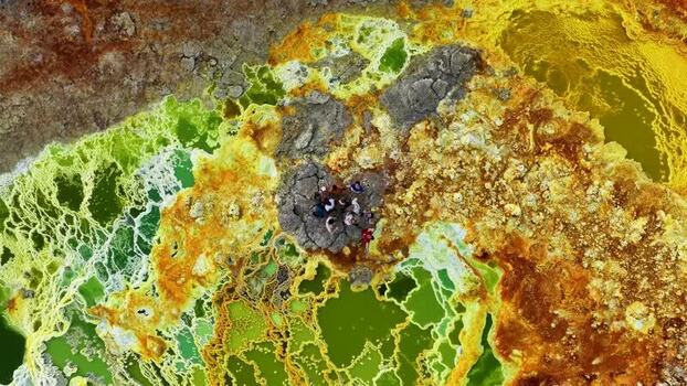 Aerial view of Danakil Desert hydrothermal pools and people Ethiopia. Aerial view of Danakil Desert hydrothermal pools and people Ethiopia.