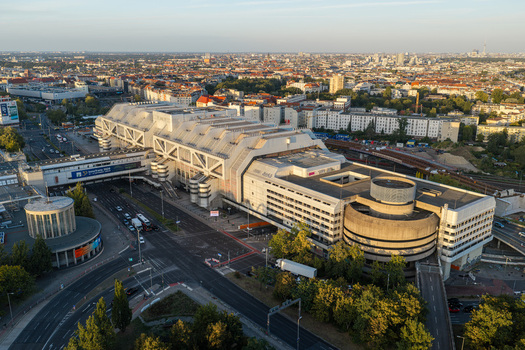 Aerial view of the Internationales Congress Centrum Berlin a prominent example of Brutalist architecture surrounded by urban roads and greenery in Berlin Berlin Germany. Aerial view of the Internationales Congress Centrum Berlin a prominent example of Brutalist architecture surrounded by urban roads and greenery in Berlin Berlin Germany.