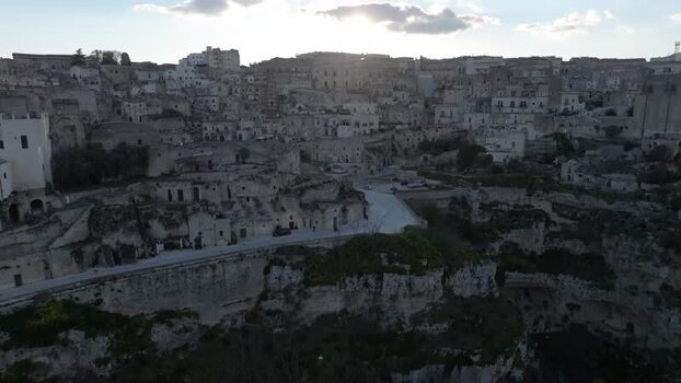 Aerial view of Sassi di Matera at sunset Italy.