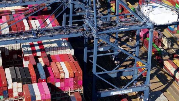 Aerial view of Port of Felixstowe crane United Kingdom.