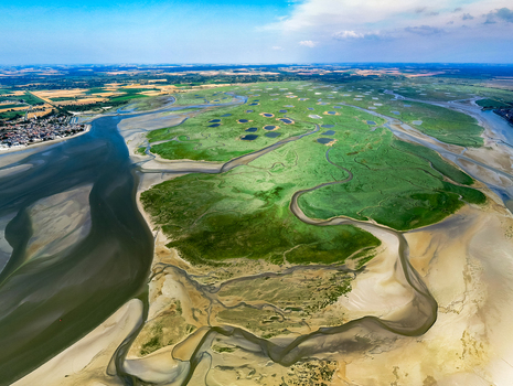 Aerial view of Baie de Somme featuring expansive tidal flats winding channels and lush green salt marshes in Saint Valery sur Somme Hauts de France France. Aerial view of Baie de Somme featuring expansive tidal flats winding channels and lush green salt marshes in Saint Valery sur Somme Hauts de France France.
