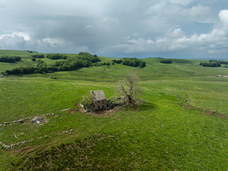 Aerial view of a weathered stone house embraced by a solitary tree on a vibrant green hill under a sky heavy with dramatic clouds Nasbinals Occitanie France. Aerial view of a weathered stone house embraced by a solitary tree on a vibrant green hill under a sky heavy with dramatic clouds Nasbinals Occitanie France.