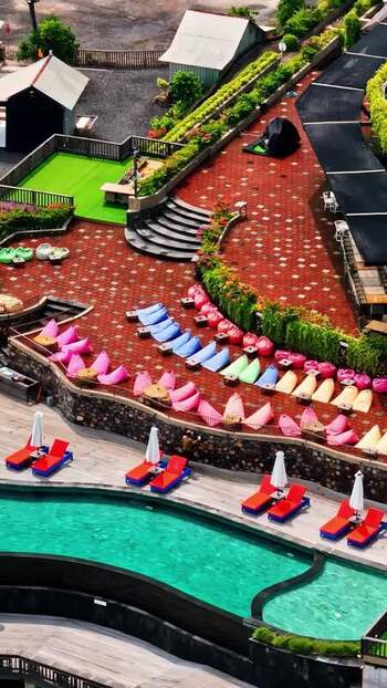 Aerial view of resort pool area in Bali Indonesia.