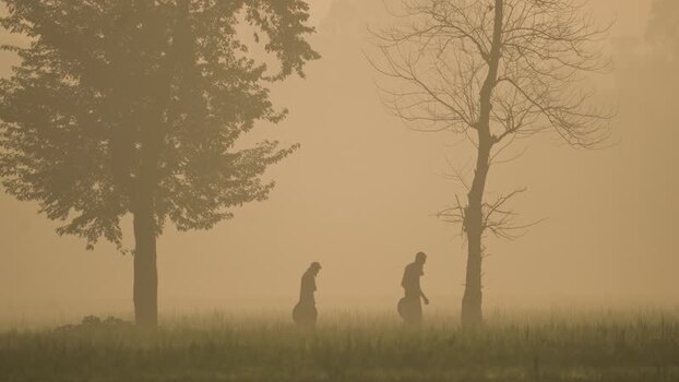View of people walking through a misty field in Bangladesh. View of people walking through a misty field in Bangladesh.