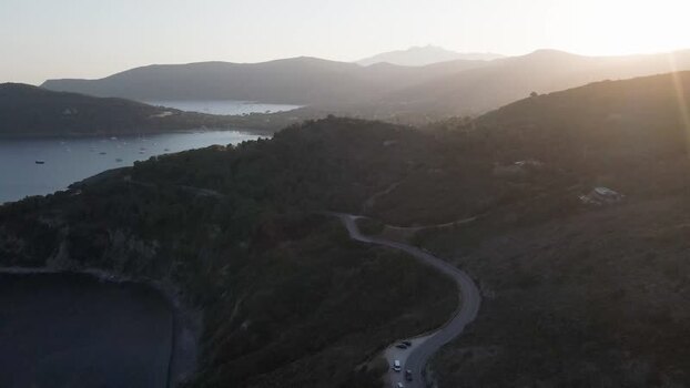 Aerial View of Lacona bay at sunset Elba Island Tuscany Italy.