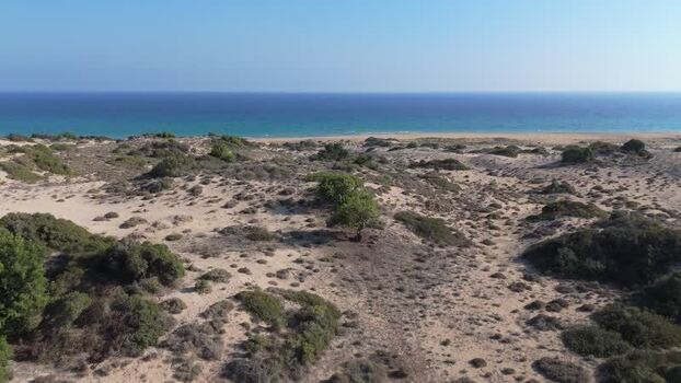 Aerial view of coastal dunes and Mediterranean sea Northern Cyprus.