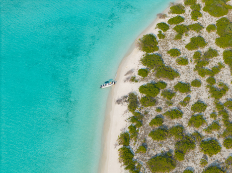 Aerial view of a boat resting on the shore where turquoise waters meet the sandy beach lined with vibrant green vegetation Dhidhdhoo Thiladhunmathi Atoll Maldives.
