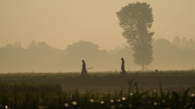 View of people walking through misty fields in Bogura Bangladesh.