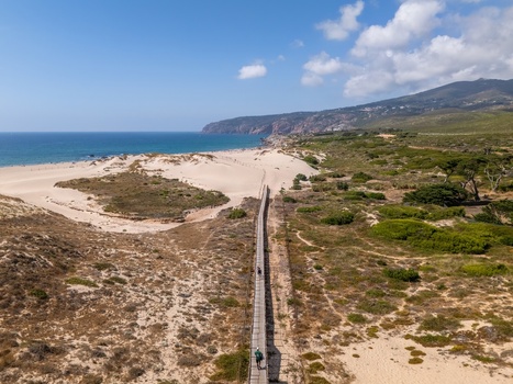 Aerial view of Praia do Guincho featuring a wooden boardwalk across sand dunes towards the Atlantic Ocean with sparse vegetation under a clear blue sky in Cascais Lisbon Portugal. Aerial view of Praia do Guincho featuring a wooden boardwalk across sand dunes towards the Atlantic Ocean with sparse vegetation under a clear blue sky in Cascais Lisbon Portugal.