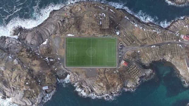 Aerial view of soccer field in Lofoten Norway.