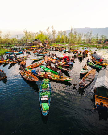 Srinagar India 20 March 2021 Aerial view of Dal Lake with numerous shikara boats laden with fresh vegetables and people navigating the calm water framed by trees and distant mountains.