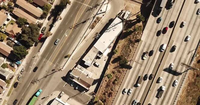 Aerial view of heavy traffic on a multi lane freeway United States. Aerial view of heavy traffic on a multi lane freeway United States.