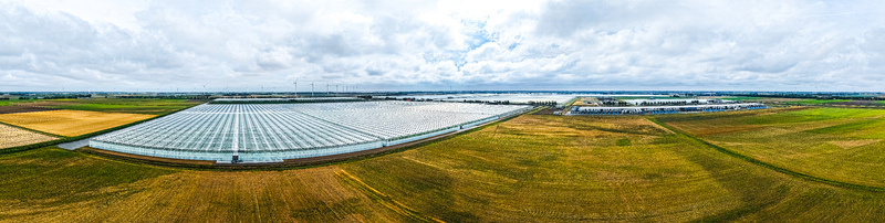 Aerial view of Agriport A7 a vast complex of modern glass greenhouses surrounded by agricultural fields under a cloudy sky in Middenmeer Noord Holland Netherlands. Aerial view of Agriport A7 a vast complex of modern glass greenhouses surrounded by agricultural fields under a cloudy sky in Middenmeer Noord Holland Netherlands.