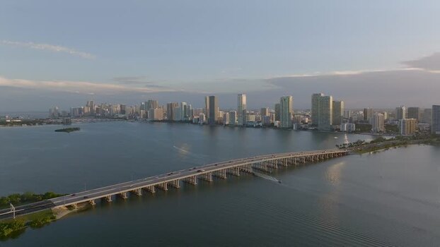 Aerial view of biscayne bay and miami skyline United States.