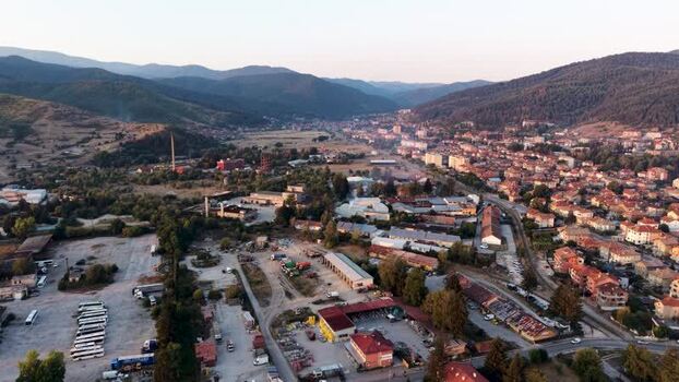 Aerial view of Velingrad in a valley Bulgaria.